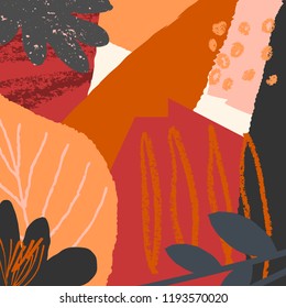 Autumn design with abstract shapes and leaves in orange, yellow, pink, red and brown on light yellow background. Wall art, greeting card, social media post, packaging design.