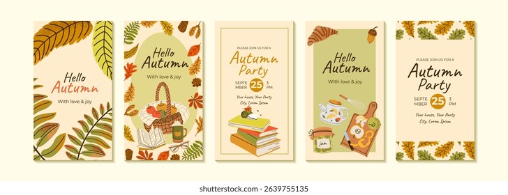 Autumn design backgrounds for social media banner with sweater, umbrella, boots, basket, kettle. Set of instagram stories frame templates.Mockup for personal blog or shop Layout for promotion.