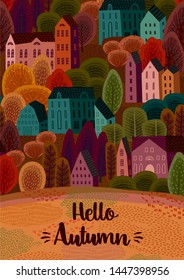 Autumn design with autumn city. Vector template for card, poster, flyer, cover and other use. Trendy retro style.