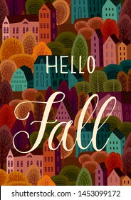 Autumn design with autumn city. Vector template for card, poster, flyer, cover and other use. Trendy retro style