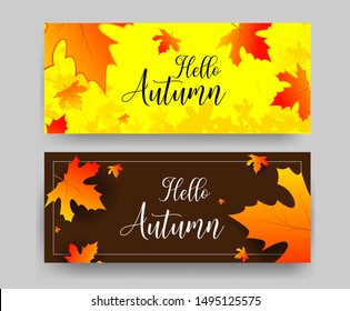 Autumn design colorful leaves with handwriting. Background autumn season for banner, card, poster, cover. Vector illustration 