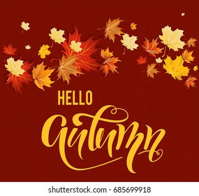Autumn design with colorful maple leaves on dark background. Place for text. Hello autumn.