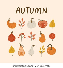 Diseño del otoño, Elementos acogedores del otoño, diseño para los carteles, Anuncio, tarjetas de felicitación, pegatinas, venta