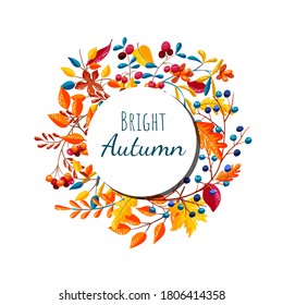 Autumn design element concept. Background with bright autumn leaves, branches, berries. Template for autumn sale, postcard, poster, flyer, web design