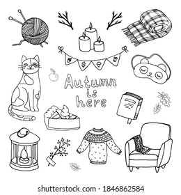 Autumn design element set. Cat, scarf, candles, sweater, pie, lantern, sleep mask fall icon. Сoncept Hygge, cozy time. Hand drawn vector illustration in doodle style outline drawing isolated on white