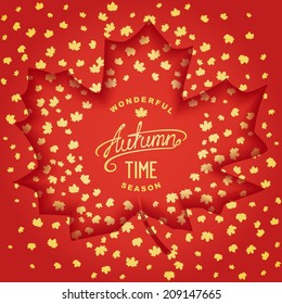 Autumn design element. Volumetric maple leaf on golden leaves leaf fall background. Vector eps 10