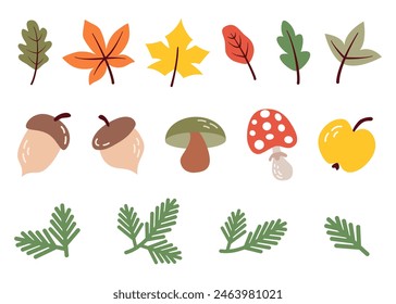Autumn design elements, icons. Set of autumn object in cartoon flat style. Foliage, acorn, mushroom, fly agaric, fir branch