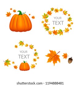 Autumn design elements. Template for design. Illustration with colorful leaves and pumpkin. Place for text.