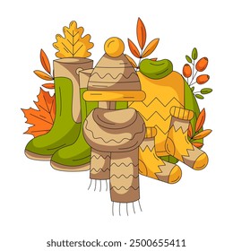Autumn design of fall clothes for cozy and warm season. Hat, scarf, sweater, boots and socks. Rosehip, maple, oak leaves. Flat vector illustration. For greeting card, social media, postcard, sticker