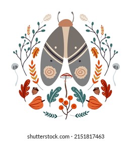 Autumn design in flat style, natural fall elements. Hand-drawn moth, mushrooms, leaves, leaves, brunches and acorns. Isolated vector illustration on white background for postcards, textiles, websites