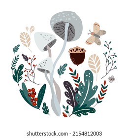 Autumn design in flat style, natural fall elements. Hand-drawn mushrooms, moths, leaves and brunches. Isolated vector illustration on white background for postcards, textiles, websites 