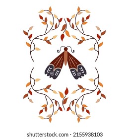 Autumn design in flat style, natural fall elements. Hand-drawn moth and brunches. Isolated vector illustration on white background for postcards, textiles, websites and social media