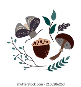 Diseño otoñal de estilo plano, elementos de caída natural. polilla, champiñón, hojas, brunches y bellotas dibujadas a mano. Ilustración vectorial aislada sobre fondo blanco para postales, textiles, sitios web