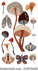 Autumn design in flat style, natural fall elements. Hand-drawn moths and mushrooms clipart. Isolated vector illustration on white background for postcards, textiles, websites and social media