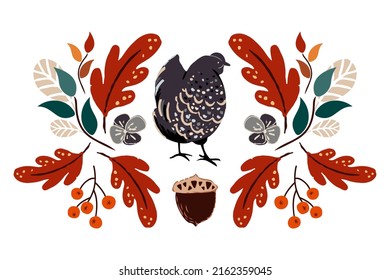 Autumn design in flat style, natural fall elements. Hand-drawn black chicken surrounded by autumn leaves and branches, an acorn nearby. Magic Isolated vector illustration on white background