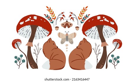 Autumn design in flat style, natural fall elements. Hand-drawn foxes are sitting surrounded by leaves, moths, berries and huge fly agarics. Magic Isolated vector illustration on white background