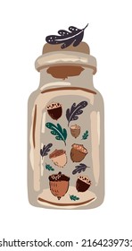 Autumn design in flat style, natural fall elements. Hand-drawn acorns and leaves in a bottle and black leave on top. Magic Isolated vector illustration on white background for postcards, textiles