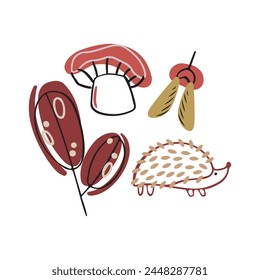 Autumn design in flat style, natural fall elements. Hand-drawn mushroom and leaves clipart. Isolated vector illustration on white background for postcards, textiles, websites and social media