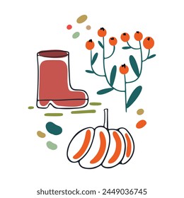Autumn design in flat style, natural fall elements. Hand-drawn pumpkin, 
shapes, boot and berries clipart. Isolated vector illustration on white background for postcards, textiles