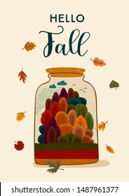 Autumn design with autumn forest. Vector template for card, poster, flyer, cover and other use. Trendy retro style.