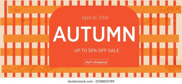 Autumn Design with Graphic Element. Modern Abstract Background Patterns in Retro Style for Advertising, Web, Social Media, Poster, Banner, Cover. Sale offer 50%. Vector Illustration