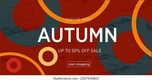  Autumn Design with Graphic Memphis Element. Modern Abstract Background Patterns in Retro Style for Advertising, Web, Social Media, Poster, Banner, Cover. Sale offer 50%. Vector Illustration