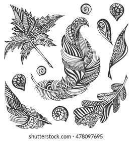 Autumn design for greeting card. Vintage typography elements with beautiful natural ornament. Hand drawn doodle set  made of leaves and feathers in boho style.