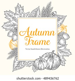 Autumn design for greeting card. Vintage harvest festival autumn elements. Hand drawn vector doodle frame with leaves, acorn, cloves, pumpkins and spica wheat. Orange, white, black.