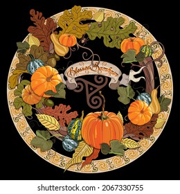 Autumn design, Halloween design. A wreath of vines with pumpkins, oak leaves and acorns, isolated on black, vector illustration