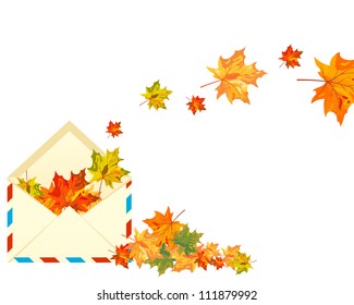 Autumn  Design With Post Envelope and  Maple Leaves in It on White Background. Elegant Design with Text Space and Ideal Balanced Colors. Vector Illustration.