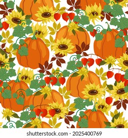 Autumn design seamless pattern. Pumpkins, autumn leaves, physalis and yellow sunflowers on white background. The vector illustration is scalable to any size. For fabric, covers, wallpaper, packaging