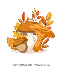 Autumn design for seasonal holidays. Chanterelle and boletus mushroom, acorn, yellow oak leaves and rosehip. Fall flat vector illustration. For greeting card, social media, postcard, sticker