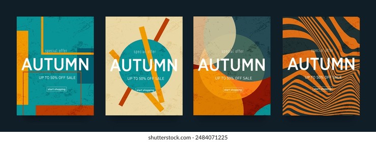 Autumn Design Set with Graphic Memphis Elements. Modern Background Patterns in Retro Style for Advertising, Web, Social Media, Posters, Banners, and Covers. Sale Offer 50%. Vector Illustration