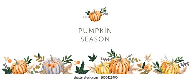 Autumn design template border with orange, gray pumpkins, maple leaves. Vector illustration. October harvest background. Organic vegetable garden food. Nature design. Fall season