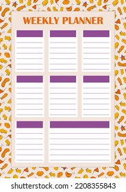 Autumn design template, hand drawn pumpkins, flat vector illustration, page layout for time management, blank weekly planner