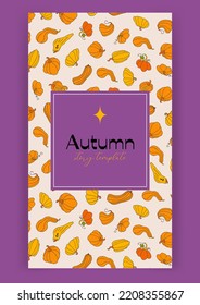 Autumn design template, hand drawn pumpkins, flat vector illustration, social media layout, blogger post backdrop
