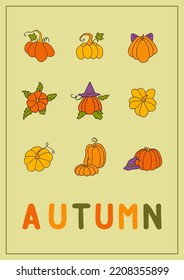 Autumn design template, hand drawn pumpkins, flat vector illustration, card, Invitation, poster layout