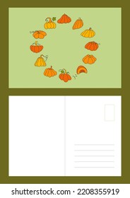 Autumn Design Template, Hand Drawn Pumpkins, Flat Vector Illustration, Post Card Layout, Printable Thank You
