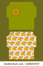 Autumn design template, hand drawn pumpkins, flat vector illustration, printable envelope layout, paper craft