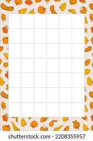 Autumn design template, hand drawn pumpkins, flat vector illustration, monthly organizer for schedule, notebook pages layout