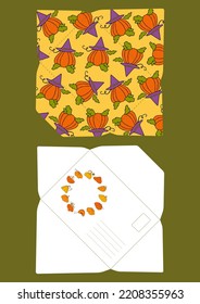 Autumn design template, hand drawn pumpkins, flat vector illustration, printable envelope layout, paper craft