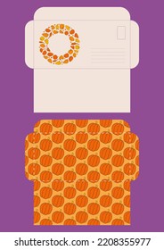 Autumn design template, hand drawn pumpkins, flat vector illustration, printable envelope layout, paper craft