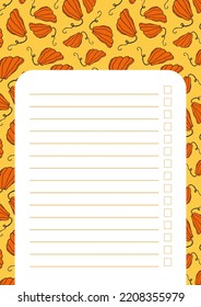 Autumn design template, hand drawn pumpkins, flat vector illustration, checklist layout, form for time management