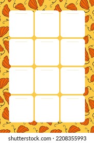 Plantilla de diseño de otoño, calabazas dibujadas a mano, ilustración vectorial plana, páginas planificadoras anuales imprimibles, diseño de hoja de bloc de notas