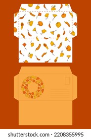 Autumn design template, hand drawn pumpkins, flat vector illustration, printable envelope layout, paper craft