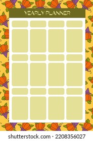 Autumn design template, hand drawn pumpkins, flat vector illustration, printable yearly planner pages, notepad sheet layout