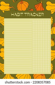 Autumn design template, hand drawn pumpkins, flat vector illustration, habit tracker, page for organizing routine