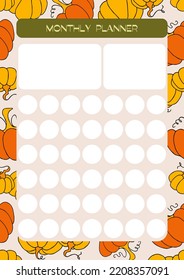 Autumn design template, hand drawn pumpkins, flat vector illustration, monthly organizer for schedule, notebook pages layout