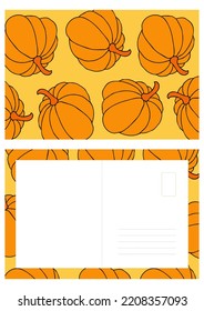 Autumn Design Template, Hand Drawn Pumpkins, Flat Vector Illustration, Post Card Layout, Printable Thank You
