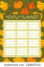 Autumn design template, hand drawn pumpkins, flat vector illustration, printable yearly planner pages, notepad sheet layout